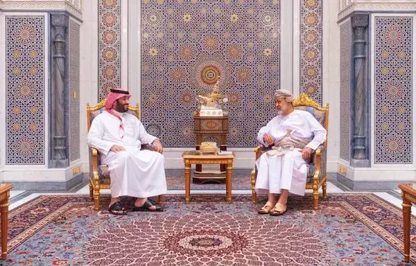 Oman's Sultan Haitham bin Tariq (right) receives Saudi Crown Prince Mohammed bin Salman in Muscat on September 12. Oman has been a key mediator between the warring sides in Yemen. [Saudi Press Agency]