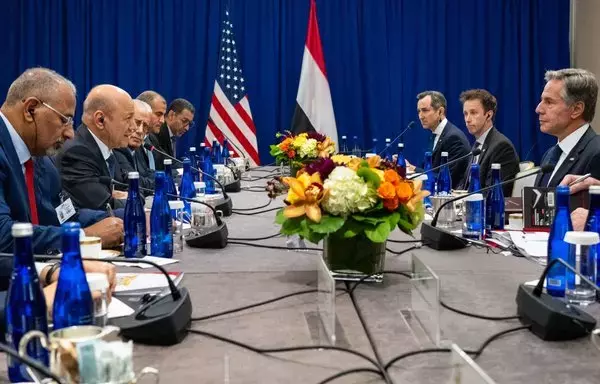 US Secretary of State Antony Blinken listens during a meeting with the Yemeni government's Presidential Command Council chairman Rashad Al-Alimi (2L), ahead of the 78th United Nations General Assembly in New York on September 18. [Craig Ruttle/Pool/AFP]