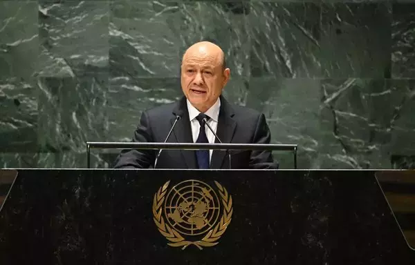 Yemen's Presidential Command Council chairman Rashad al-Alimi addresses the 78th UN General Assembly at UN headquarters in New York on September 21. [Timothy A. Clary/AFP]