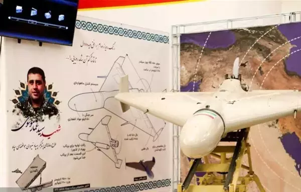 Iran shows off its Shahed-136 drone, made in 2021, in an exhibition. [Mehr News]