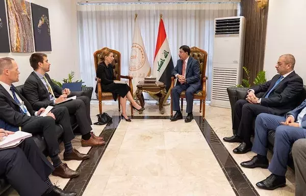 Central Bank of Iraq governor Ali al-Alaq and Iraqi financial officials hold talks in Baghdad on September 13 with US Assistant Secretary of the Treasury Elizabeth Rosenberg and an accompanying delegation, to help Iraq develop its banking sector and combat smuggling. [Central Bank of Iraq]