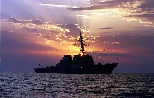 Guided missile destroyer USS Carney patrols Gulf waters in this file photo from February 1998. On October 19, the vessel shot down missiles and drones fired by the Iran-backed Houthis in Yemen, the Pentagon said. [US Navy/AFP]