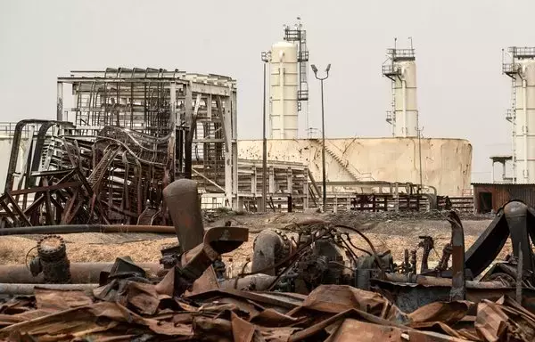 Production facilities at the Omar oil field in Deir Ezzor are seen here in a photo taken March 12, 2020. Local residents accuse Iranian and Syrian regime militias of stealing oil from wells in the province to finance their operations. [Delil Souleiman/AFP]