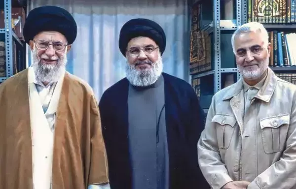 An undated photo posted by the office of Iran's supreme leader shows Supreme Leader Ali Khamenei (left), Hizbullah chief Hassan Nasrallah (centre) and the late Quds Force commander Qassem Soleimani.