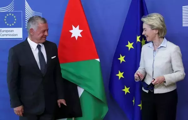 Jordan's King Abdullah is welcomed by European Commission President Ursula von der Leyen in Brussels, on May 5, 2021. [Yves Herman/POOL/AFP]