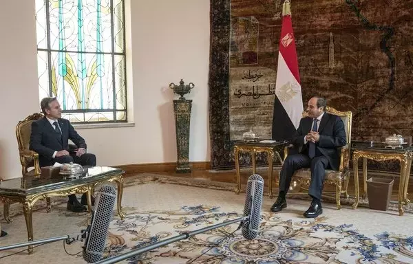 US Secretary of State Antony Blinken meets with Egypt's President Abdel Fattah al-Sisi in Cairo on October 15. [Jacquelyn Martin/Pool/AFP]