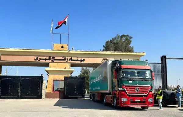 An aid truck returns after unloading humanitarian aid at Egypt's Rafah border crossing with Gaza on December 4, amid ongoing battles between Israel and the terrorist group Hamas. [AFP]