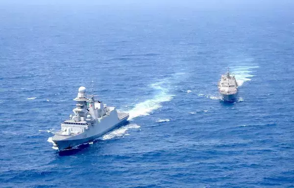 Littoral combat ship USS Indianapolis sails with Italian Navy frigate ITS Luigi Rizzo in the Red Sea on August 26 as part of Combined Task Force 153. [Combined Maritime Forces]