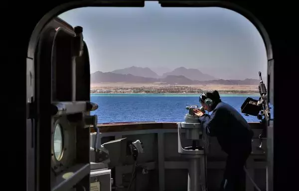 Guided-missile destroyer USS Paul Hamilton transits the Gulf of Aqaba while supporting Combined Task Force 153 in the Red Sea in April. [Combined Maritime Forces]