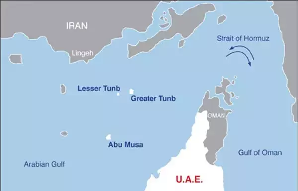 An unofficial map shows the three contested Gulf islands of Abu Musa, Greater Tunb and Lesser Tunb, which are claimed by both Iran and the United Arab Emirates. [UAE Embassy in Washington, DC]