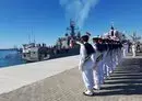 
Iranian navy sailors participate in a ceremony prior to the launch of the tripartite naval exercises carried out by Iran, Russia and China in December 2019. [IRNA]        