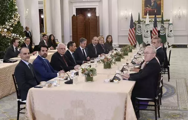 US Secretary of State Antony Blinken (5th L) meets with members of the Arab League and the Organization of Islamic Cooperation in Washington, DC, on December 8. [Olivier Douliery/AFP]