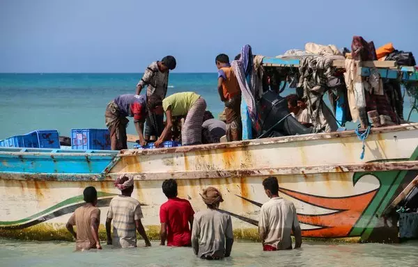 Yemeni fishermen unload their catch from a boat on the Red Sea coast in the Khokha district of the war-ravaged country's western province of al-Hodeidah on December 27. [Khaled Ziad/AFP]