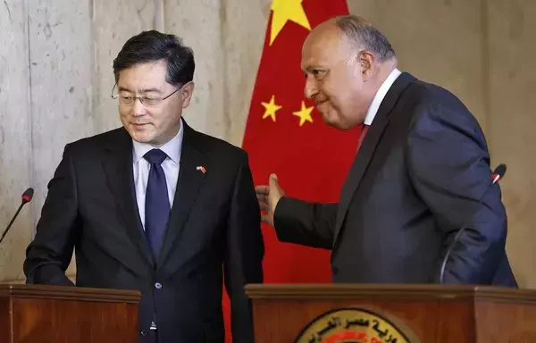 Egyptian Foreign Minister Sameh Shoukry (R) greets his Chinese counterpart Qin Gang after a news conference in Cairo on January 15. [Khaled Desouki/AFP]