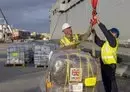 
Close to 90 tons of thermal blankets and other essential items are unloaded from Royal Fleet Auxiliary ship Lyme Bay in Egypt's Port Said in early January as part of the first UK maritime shipment of lifesaving aid to civilians in Gaza. [UK Royal Navy]        