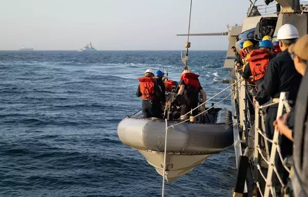 Sailors from guided-missile destroyer USS Mason conduct small boat operations in support of Operation Prosperity Guardian in the Red Sea on January 4. [Combined Maritime Forces]