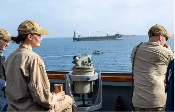 Sailors aboard a ship from Combined Maritime Forces Task Force 153 survey the maritime environment to promote the free flow of trade in the Red Sea in support of Operation Prosperity Guardian. [Combined Maritime Forces]