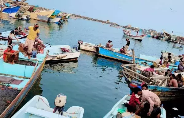 Fishermen at a port in al-Hodeidah province sit around in their boats as many fear going out to sea amid the Houthi attacks on shipping in the Red Sea. [Photo circulated on social media]