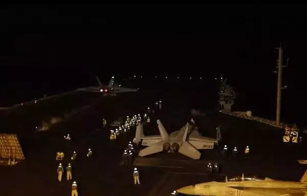 On January 11, US Central Command (CENTCOM) forces, in coordination with the United Kingdom and with support from Australia, Canada, the Netherlands and Bahrain, conducted joint strikes on Houthi targets to degrade their capability to continue their attacks on US and international vessels and commercial shipping in the Red Sea. The image is a screenshot from CENTCOM video.