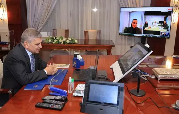 Suez Canal Authority chairman Osama Rabie takes part in a video call with the Maersk Group to discuss ways to enhance joint cooperation and address current developments, on January 9. [Suez Canal Authority]