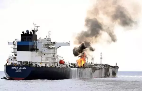 A fire blazes aboard the Marshall Islands-flagged Bermuda-owned tanker M/V Marlin Luanda in the Gulf of Aden after it was hit by anti-ship ballistic missile fired from Yemen by the Iran-backed Houthis on January 26. [Rt Hon Grant Shapps MP/X]