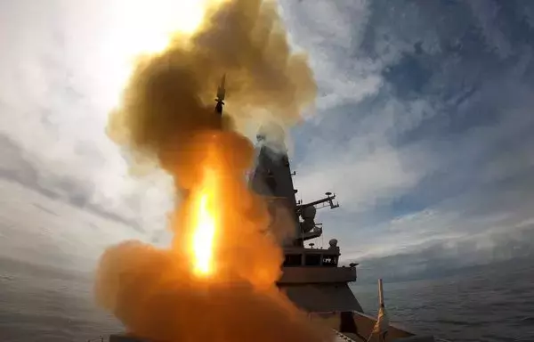 A UK warship fires a Sea Viper missile, which is being used in current operations against Houthi attacks in the Red Sea. [UK Navy]