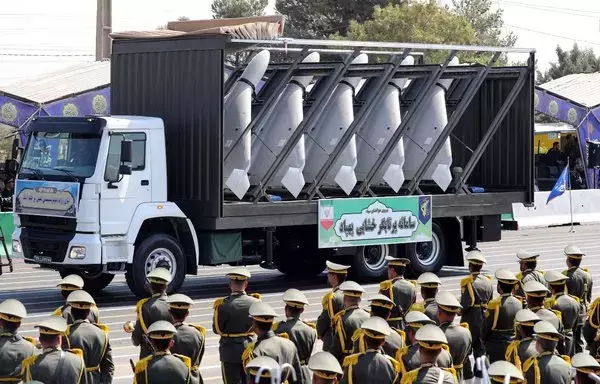 A truck carries Iranian drones during a military parade in Tehran on September 22, 2023. [AFP]