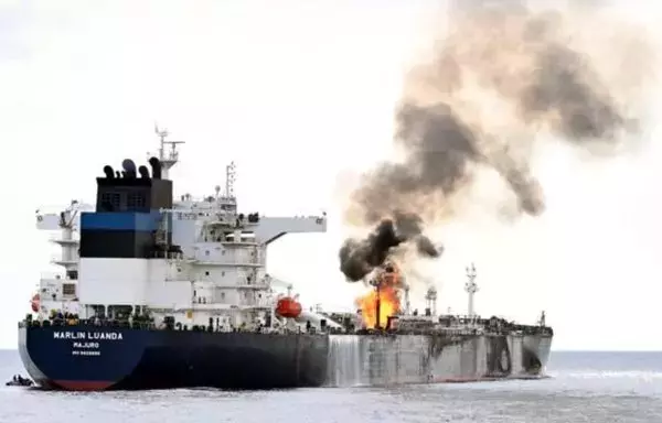 A fire blazes aboard M/V Marlin Luanda in the Gulf of Aden after it was hit by an anti-ship ballistic missile fired from Yemen by the Iran-backed Houthis on January 26. [Rt Hon Grant Shapps MP/X]