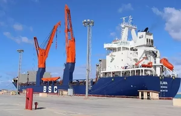 A Russian cargo ship unloads equipment for the nuclear reactor at the Egyptian port of El-Dabaa on December 31, 2023. [Nuclear Power Plants Authority]