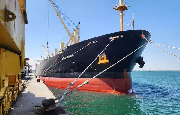 US-owned, Greek-flagged ship Sea Champion is moored in the Yemeni port city of Aden on February 21, a day after the Houthis attacked it in the Gulf of Aden. [Saleh al-Obeidi/AFP]