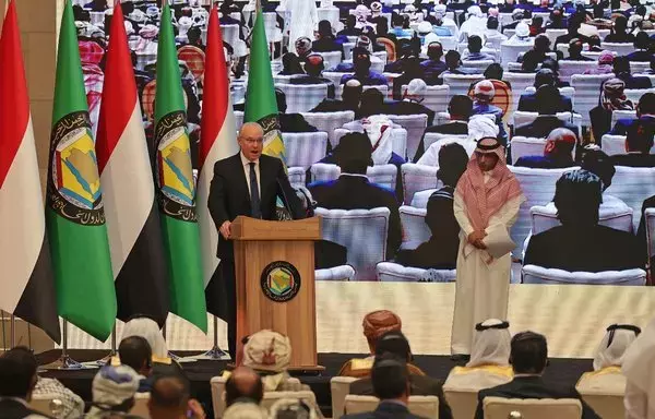 US special envoy for Yemen Tim Lenderking speaks during a conference on Yemen's devastating war hosted by the six-nation Gulf Cooperation Council in the Saudi capital Riyadh on March 30, 2022. [Fayez Nureldine/AFP]