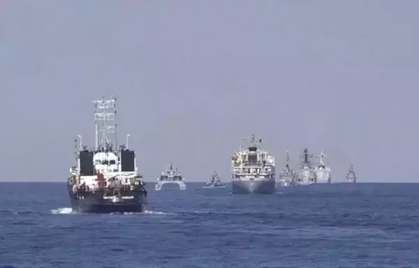 Iranian, Chinese and Russian ships participate in joint drills in the Gulf of Oman on March 12. [Tasnim]