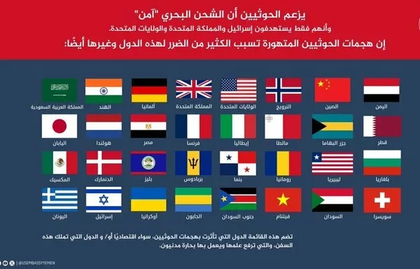 The US Embassy in Yemen shared this image on X that shows 'the truth about the Houthi attacks on Yemen and the many countries affected.' [@USEmbassyinYemen]