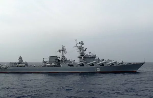 Russian missile cruiser Moskva patrols in the Mediterranean, off the coast of Syria, on December 17, 2015. Ukraine sank it in the Black Sea with missiles in April 2022. [Max Delany/AFP]