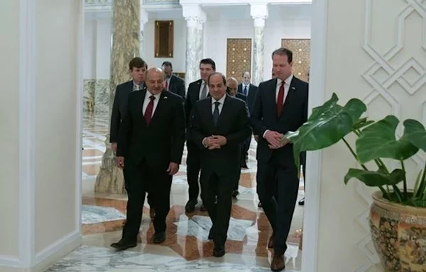 Egyptian President Abdel Fatah al-Sisi receives a delegation from the US House of Representatives headed by subcommittee on counterterrorism chairman August Pfluger on March 27. [Egyptian Information Service]