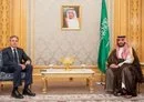 
Saudi Crown Prince Mohammed bin Salman receives US Secretary of State Antony Blinken on the sidelines of the special meeting of the World Economic Forum in Riyadh on April 29. [SPA]        