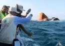 
A field survey team takes water samples during a visit to the Rubymar freighter off the coast of Yemen on March 23. [Khaled Ziad/AFP]        