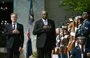 
US Secretary of State Antony Blinken and Defense Secretary Lloyd Austin take part in a ceremony at the US Naval Academy on August 6. [Drew Angerer/AFP]        