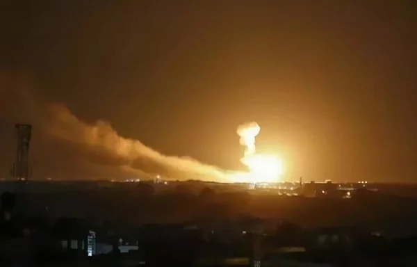 A truck loaded with missiles belonging to Lebanese Hizbullah bursts into flames after being targeted in Syria on June 11. [Eye of the Euphrates]