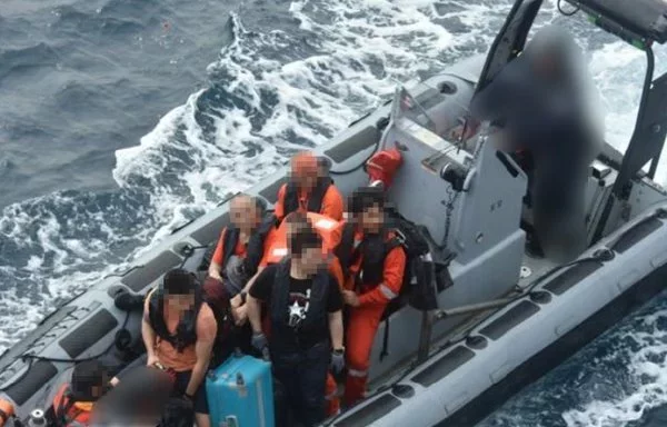 The crew of MV Sounion is transported to safety after the Houthis attacked the merchant vessel on August 21. [EUNAVFOR Aspides]