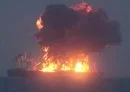 
A screenshot from a Houthi propaganda video, released August 23, purportedly shows the Sounion oil tanker on fire in the Red Sea. [Ansarallah Media Center/AFP]        