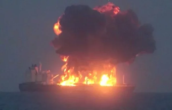 A screenshot from a Houthi propaganda video, released August 23, purportedly shows the Sounion oil tanker on fire in the Red Sea. [Ansarallah Media Center/AFP]