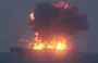 
A screenshot from a Houthi propaganda video, released August 23, purportedly shows the Sounion oil tanker on fire in the Red Sea. [Ansarallah Media Center/AFP]        