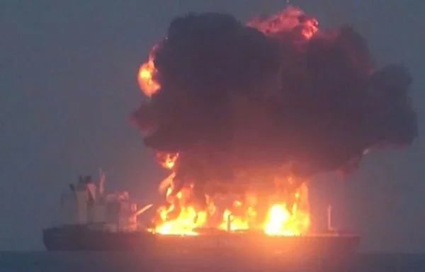 A screenshot from a Houthi propaganda video, released August 23, purportedly shows the Sounion oil tanker on fire in the Red Sea. [Ansarallah Media Center/AFP]