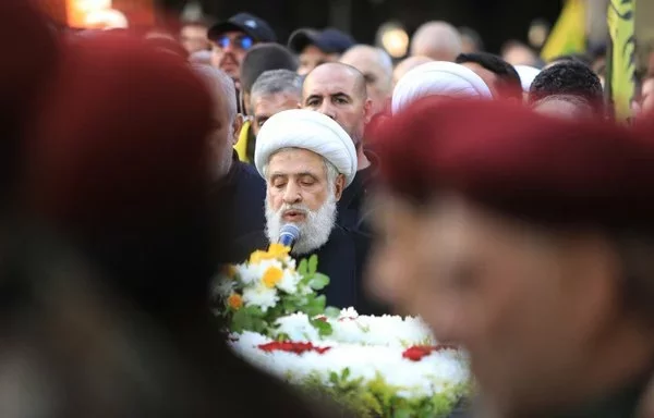 Hizbullah deputy head Naim Qassem speaks during the September 22 funeral procession of Radwan Force head Ibrahim Aqil in Beirut's southern suburb. [AFP]