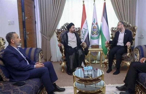 A delegation from the Iran-aligned Iraqi militia Imam Ali Brigades meets with representatives of the political wing of Hamas in Baghdad on June 25. [Photo posted on Telegram app]