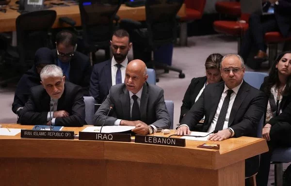 Iranian Ambassador to the UN Amir Saeid Iravani and Lebanese Ambassador to the UN Hadi Hachem look on as Iraqi Ambassador to the UN Abbas Kadhom Obaid speaks October 2 at the Security Council meeting on the situation in the Middle East at UN headquarters in New York. [Bryan R. Smith/AFP]