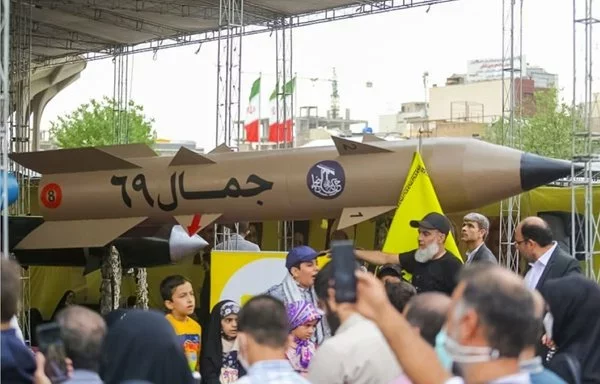 In a photo posted online on April 29, 2022, Iran-aligned Iraqi militia Harakat al-Nujaba shows a model of the Jamal 69 missile on display in Tehran, Iran.