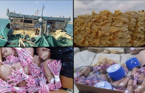 Yemeni forces display explosives and detonators seized from a vessel near Bab al-Mandeb en route to Houthi-controlled al-Hodeidah on January 11. [Southern Giants Brigades Media Center]