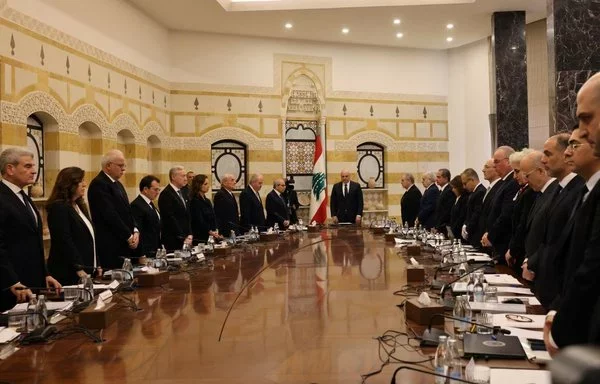 Lebanese President Joseph Aoun chairs the first meeting of the new government at the Baabda presidential palace near Beirut on February 11. [Anwar Amro/AFP]